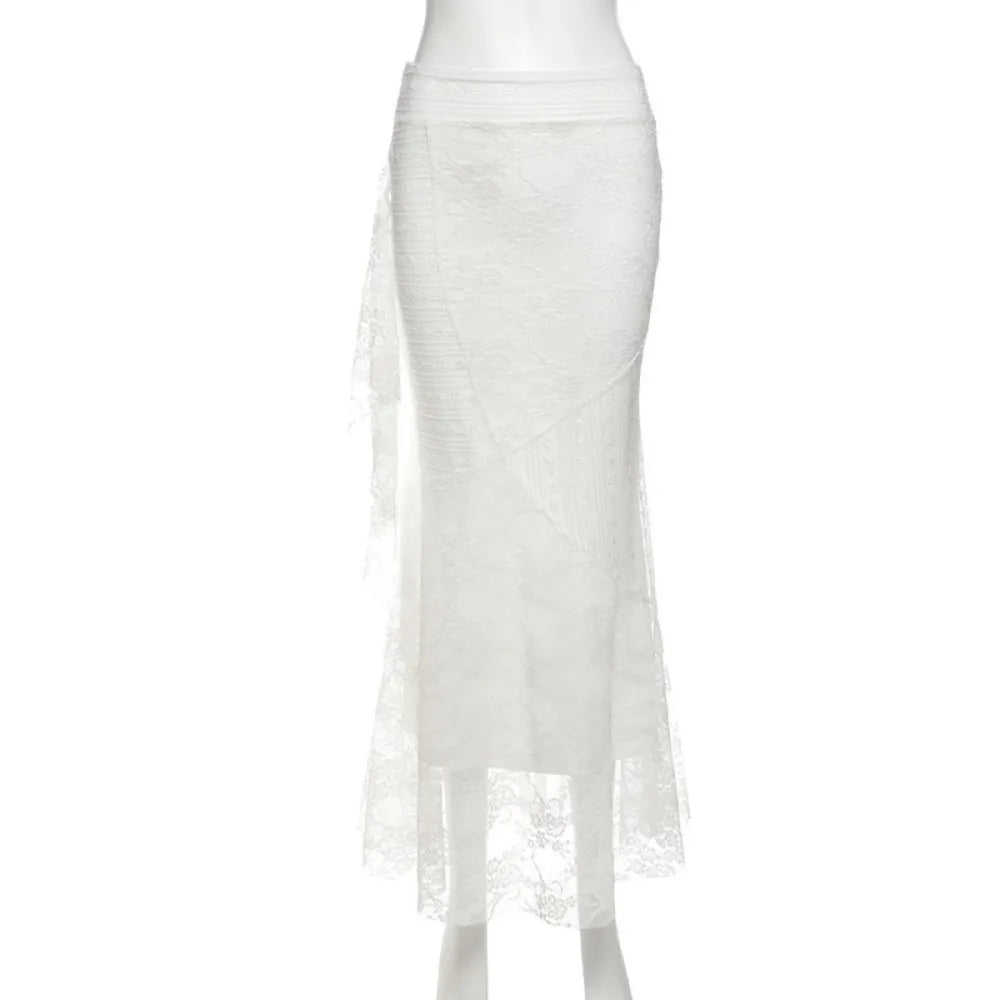 SylCue Lace Patchwork Skirts High Waist Hip-Covering Irregular Casual Creamy Sweet Style Ruched Elegant Outfits