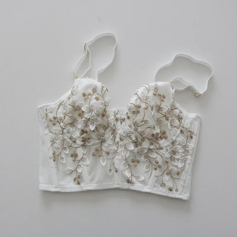Three-dimensional embroidered bra lace fish bone corset widened breasted with steel ring 2/1 half cup bralette underwear