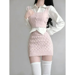 Suite Niche Korean Style Sweatervest Skirt Set Three Piece Single Piece Ins Overlay