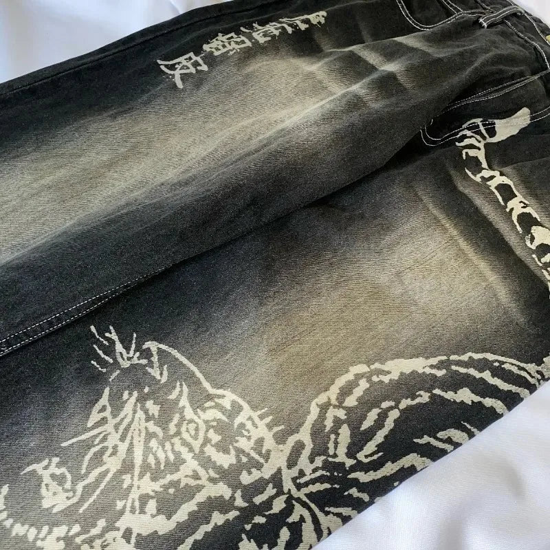 Y2K American Tiger Print Loose Jeans High Street Harajuku Wind Trend Casual Joker High Waist Wide Leg Pants