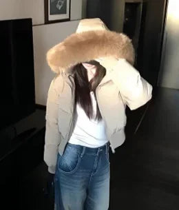 Solid Color Fur Collar Zipper Parka Jacketable Simple Trendy Zipper Short Jacket Harajuku Y2k Zipper Short Jacket
