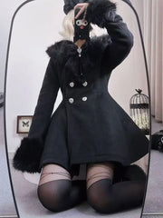 Japanese Slim Bow Long Sleeve Coat Elegant Fur Collar Lace Overcoat Design Chic Sweet Woolen Cloth Coat