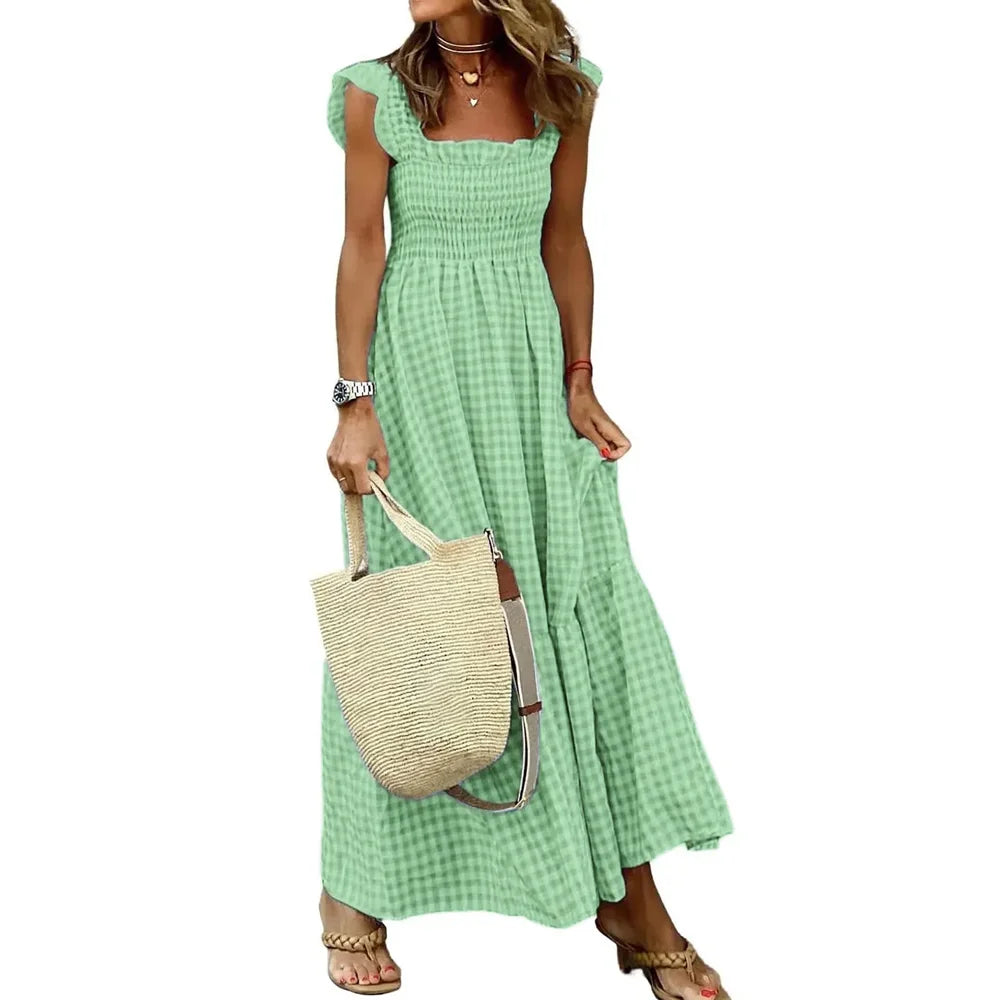 Elegant Plaid Slip Maxi Long Dress Strapless Ruffle Backless Pleated Elastic Waist Boho Party Swing Loose Dresses