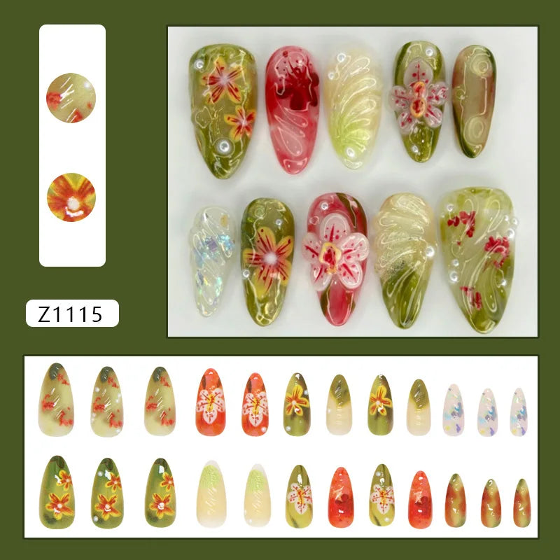 24pcs Flower Print Press on Nails Wine Red Blush Almond False Nail Tips Wearable Reusable Spicy Girl Fake Nails