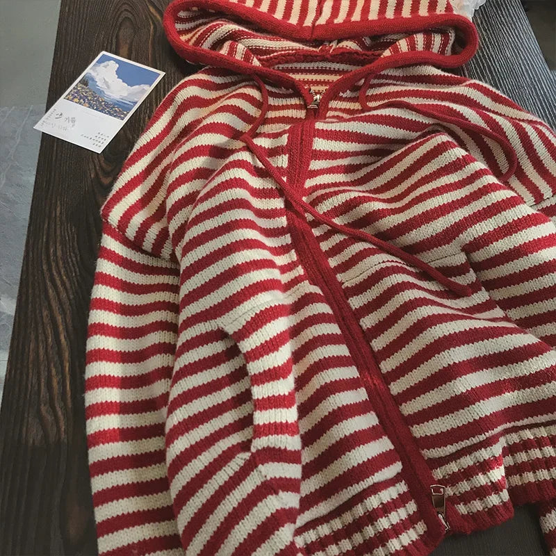 Contrast Color Stripe Hood Knit Cardigan Women