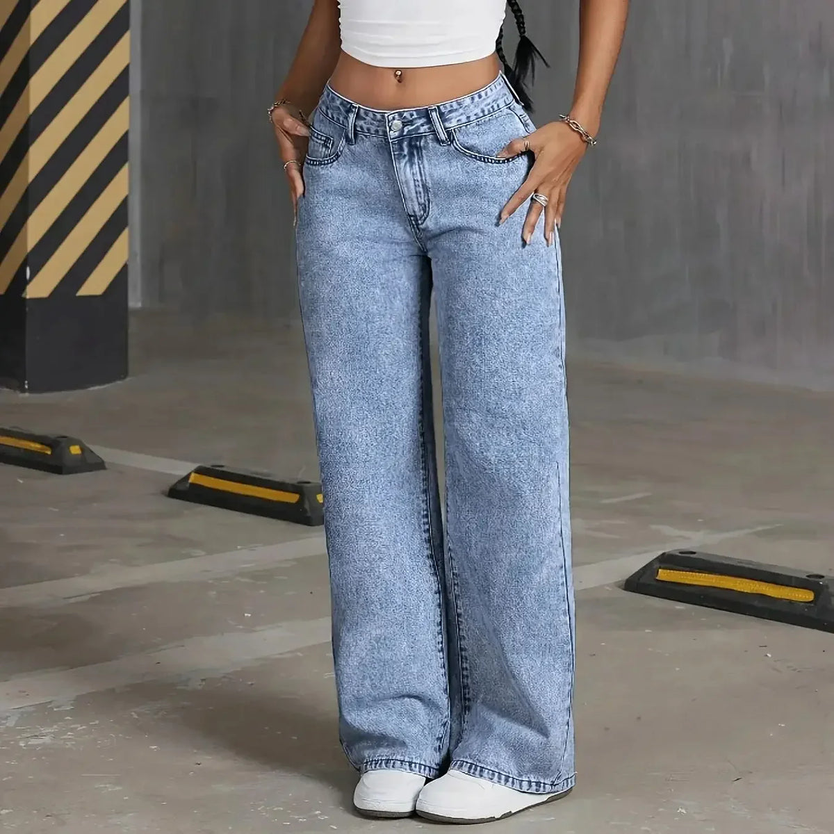 Back Pocket Bow Embroideredable Wide Leg Pants Versatile Washed Denim Trousers