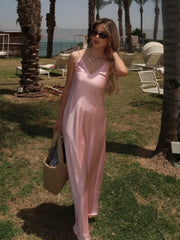 Off Shoulder Pink Satin Maxi Dresses Sleeveless Backless Bodycon Hollow Out Gowns Evening Party Robes