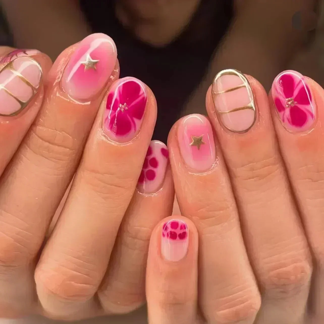 Pink Yellow Halo Dyeing Flower Water Ripple False Nails Leopard Long Pointed Fake Nails Art Press on Nails Charm Manicure