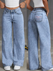 Back Pocket Bow Embroideredable Wide Leg Pants Versatile Washed Denim Trousers