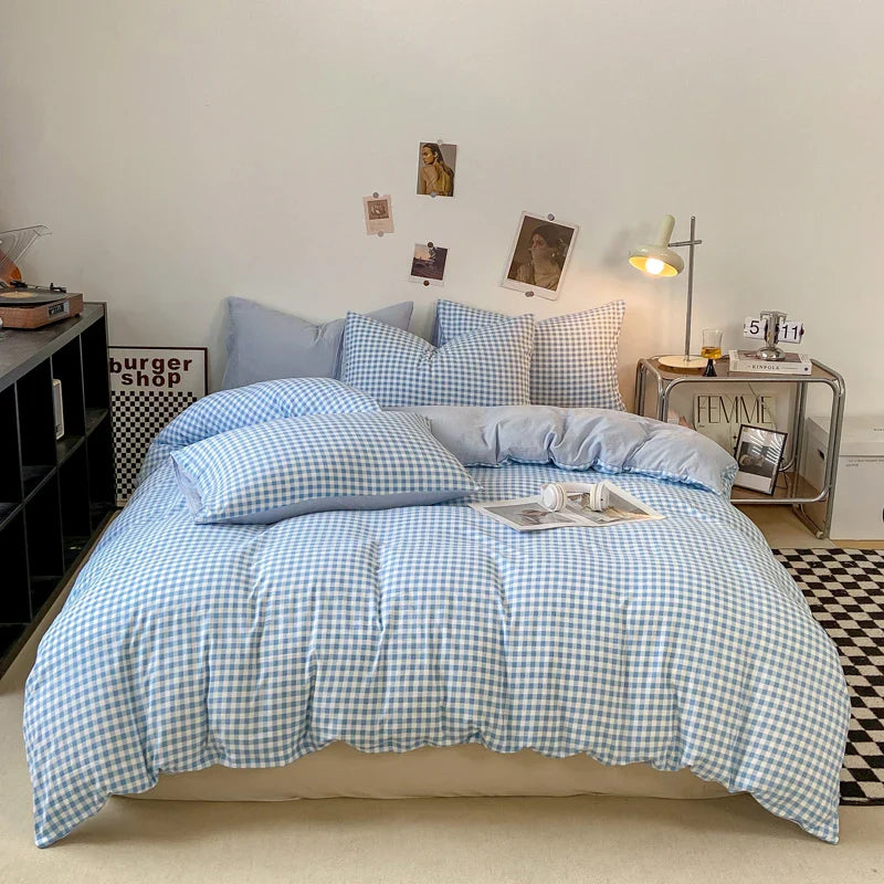 Japanese Style Check Queen Quilt Cover Set 1/3 Pcs Soft Washed Duvet Cover