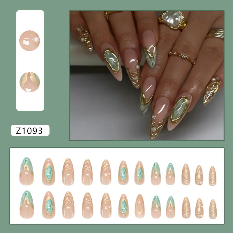 24pcs False Nails Glossy Green Almond Fake Nail Tips Wearable Detachable Flower Print Press on Nails