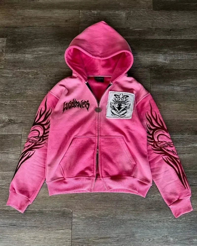 Korean Simple Blue Double-Sided Oversized Zipper Hoodie Y2K Harajuku Gothic Casual Joker Couple Street Wear