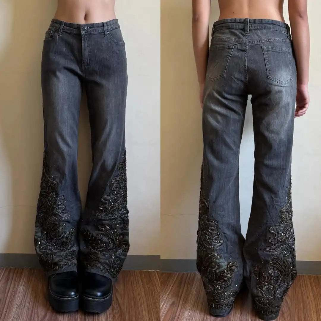 Solid Color Washed Geometry Floral Embroidery Element Baggy Wide-leg Jeans Commute Korean Style Straight-leg Jeans
