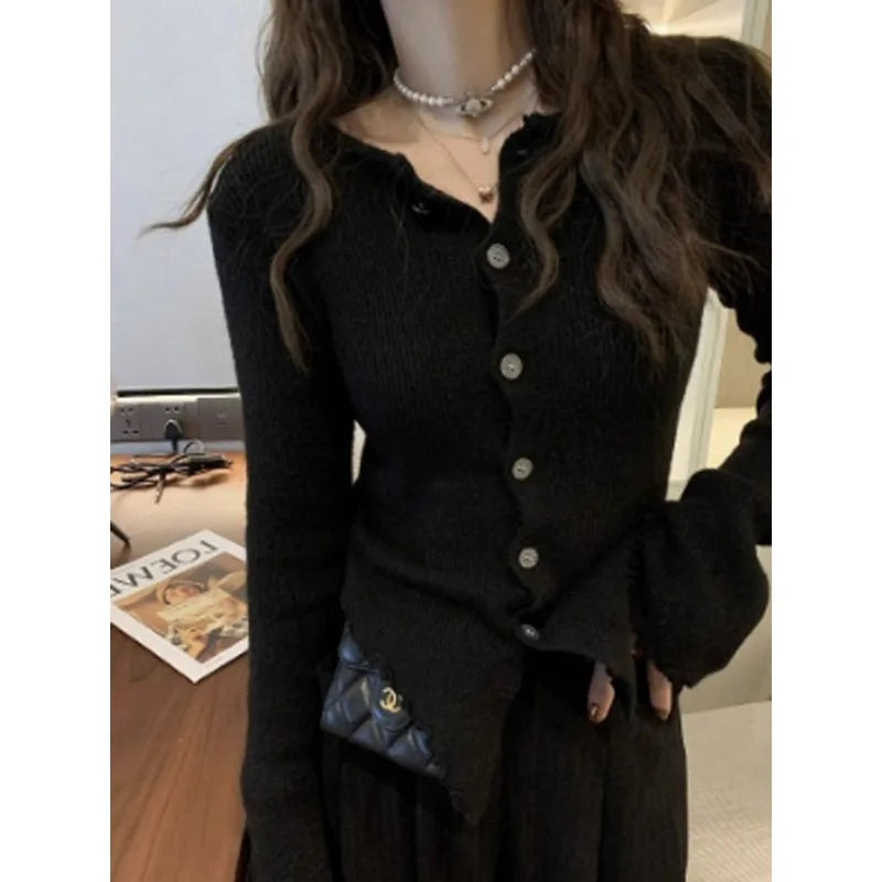 Deeptown Y2k Grey Vintage Kint Sweater Harajuku Long Sleeve Cardigan Irregular Korean Slim Jerseys Casual