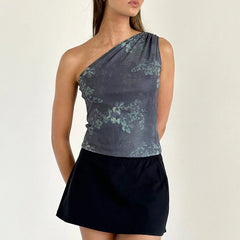 Combhasaki Y2K Vintage Tank Tops Sleeveless Ruched One Shoulder Flower Print Slim Fit Vest
