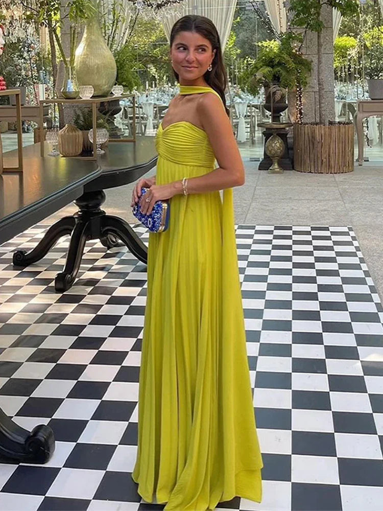 Strapless Ribbon Maxi Dress Elegant Sleeveless Backless Pleated Party Dresses Lady Evening Vestido