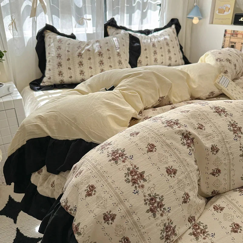1.5/1.8 Korean Style 100% Cotton Fitted Sheet Sets with Lace Flower Print Bedding Set