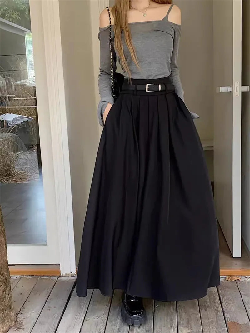 High Waist Jupe Korean Pleating Swing Skirt Vintage Office Falda Holiday Loose Solid Long Skirt