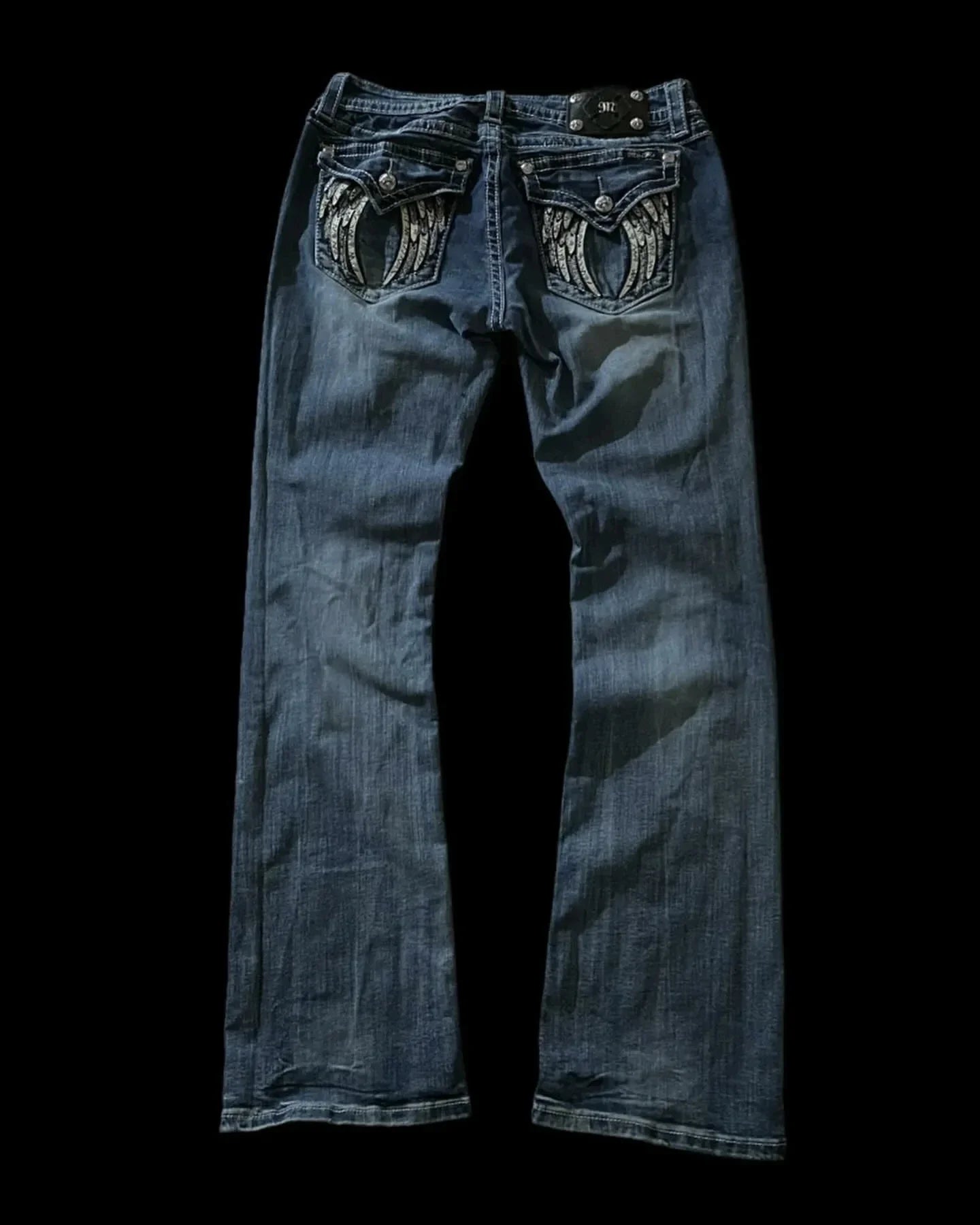 Y2K American Embroidery Diamond Retro Punk Low Waist Casual Jeans Blue Jeans Wings Pattern High Street Slim Leg Pants