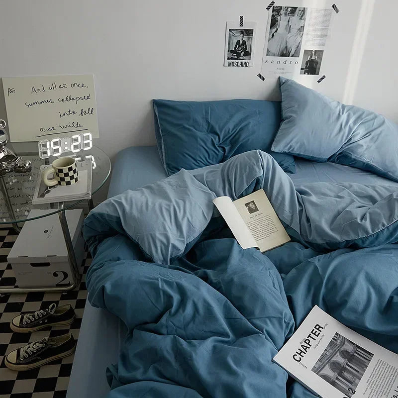 Solid Color Double Washed Cotton Bedding 4 Pieces Set Student Dormitory Bed Linen Duvet Set Bed Suit