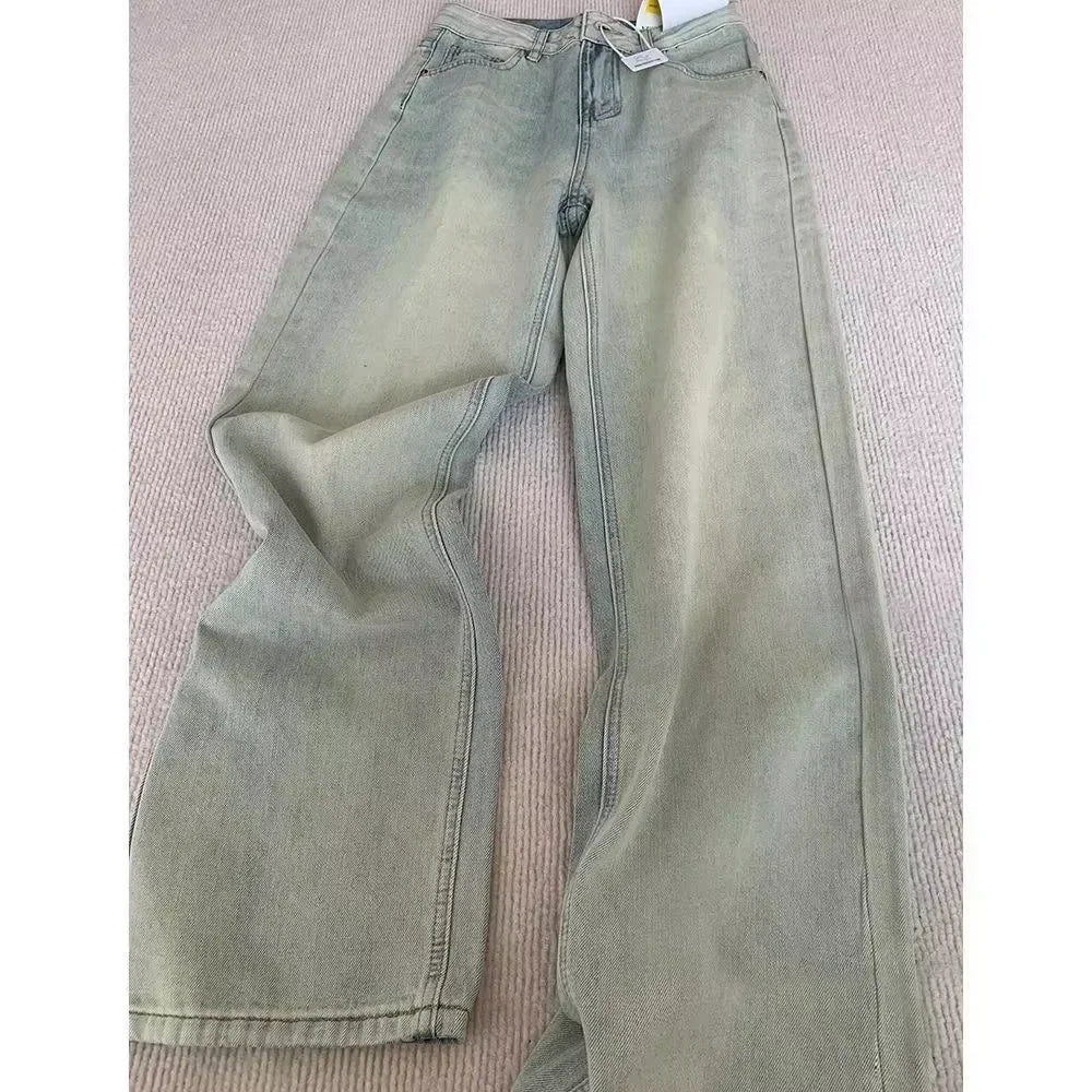 Street Harajuku Heavy Industries Retro Pattern Embroidery Blue Washed Jeans Personalized Casual Splicing Flare Pants