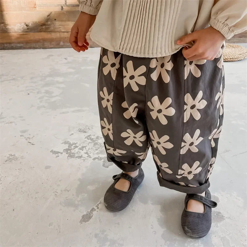 1639C Children Pants Flower Print Girl's Pant Washed Cotton Harem Pants 1-7Year Boy's Casual Pants Trousers