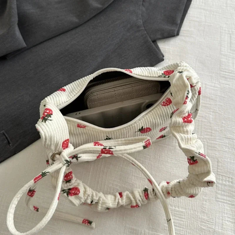 Small Underarm Bag Corduroy Handbag Cute Strawberry Print Little Tote Half Moon Design Eco Cloth Purse Mini Shoulder Bags