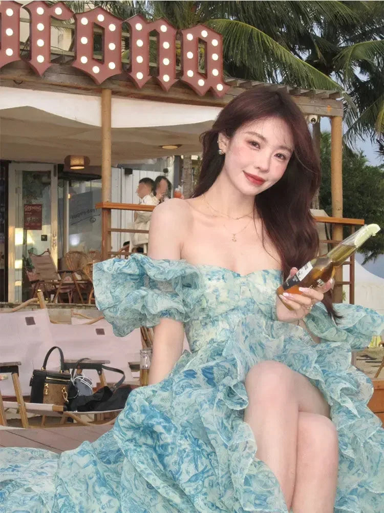 Floral Print Evening Party Dress Puff Sleeve Elegant Princess Long Dres Ladies France Vintage Open