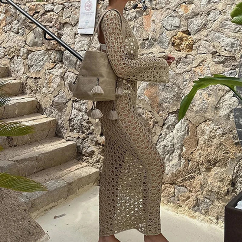 Round Collar Long Sleeve Wrap Dress Knitting Hollow Out Beachwear Cover Up Holiday Beach Elegant Long Dress
