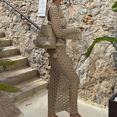 Round Collar Long Sleeve Wrap Dress Knitting Hollow Out Beachwear Cover Up Holiday Beach Elegant Long Dress