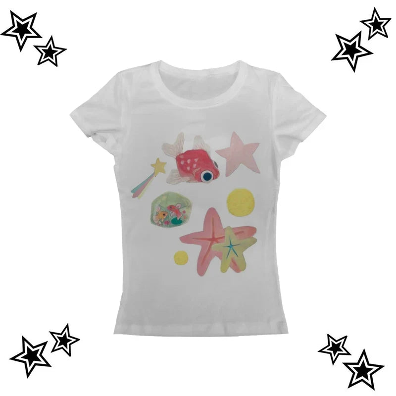 Y2k cute pattern Vintage Basic Tees Ladies Clothes Retro Graphic Top White Short Sleeve Casual T Shirt