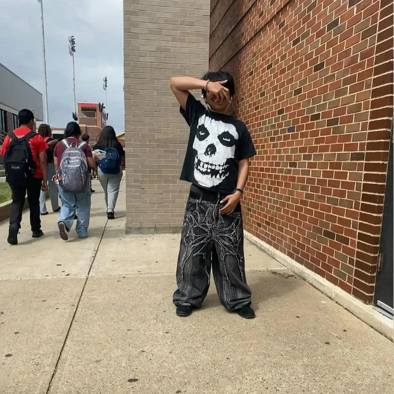 Y2K Baggy jeans Gothic Oversized embroidered spider patchwork wide leg pants American hip hop street style floor pants
