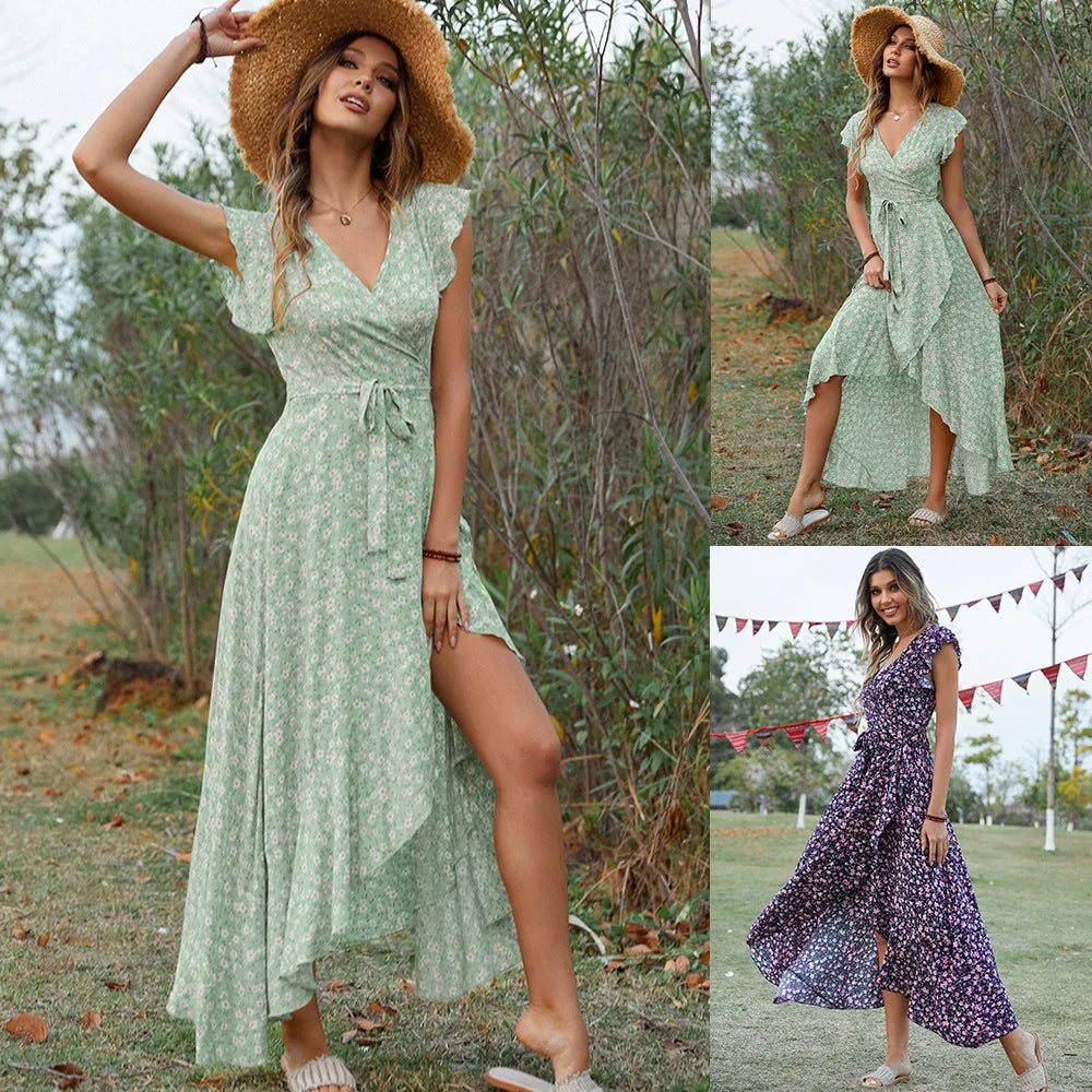Style Elegant Long Dress Short-sleeved V-neck Bohemian Strappy Holiday Dress