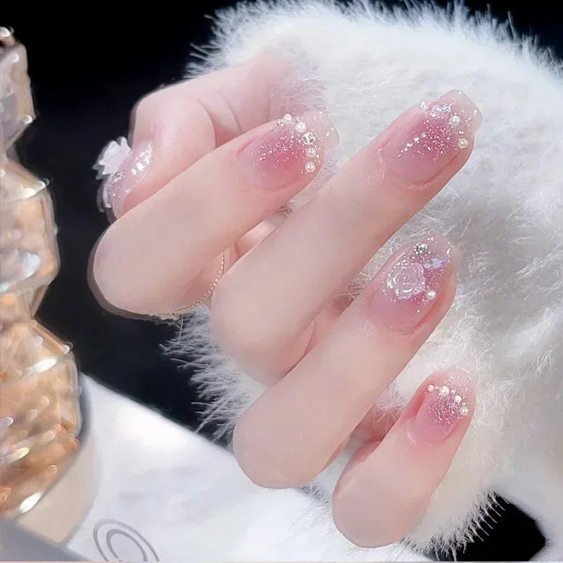 24Pcs Glitter Diamond Press On Nails Sweet Cute Girl Acrylic Nails Full Cover Short Square Fake Nails Wearable Manicure Nail Tip