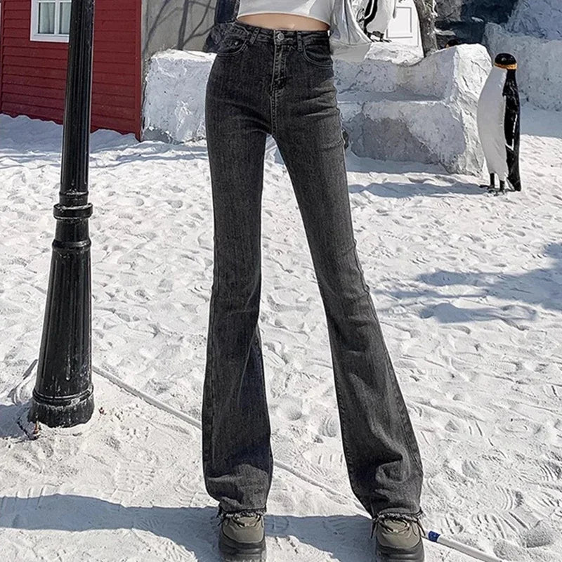 High Waist Vintage Flare Jeans Gothic Elastic Bell Bottom Pants Lady Streetwear Blue Black Grey Denim Trousers