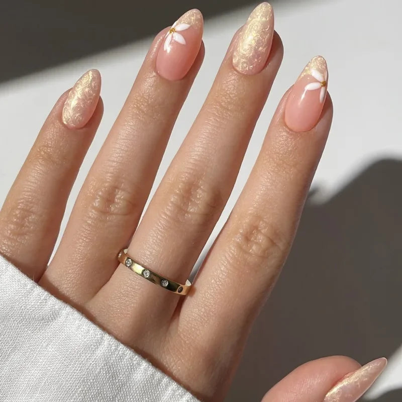 Pink Yellow Halo Dyeing Flower Water Ripple False Nails Leopard Long Pointed Fake Nails Art Press on Nails Charm Manicure