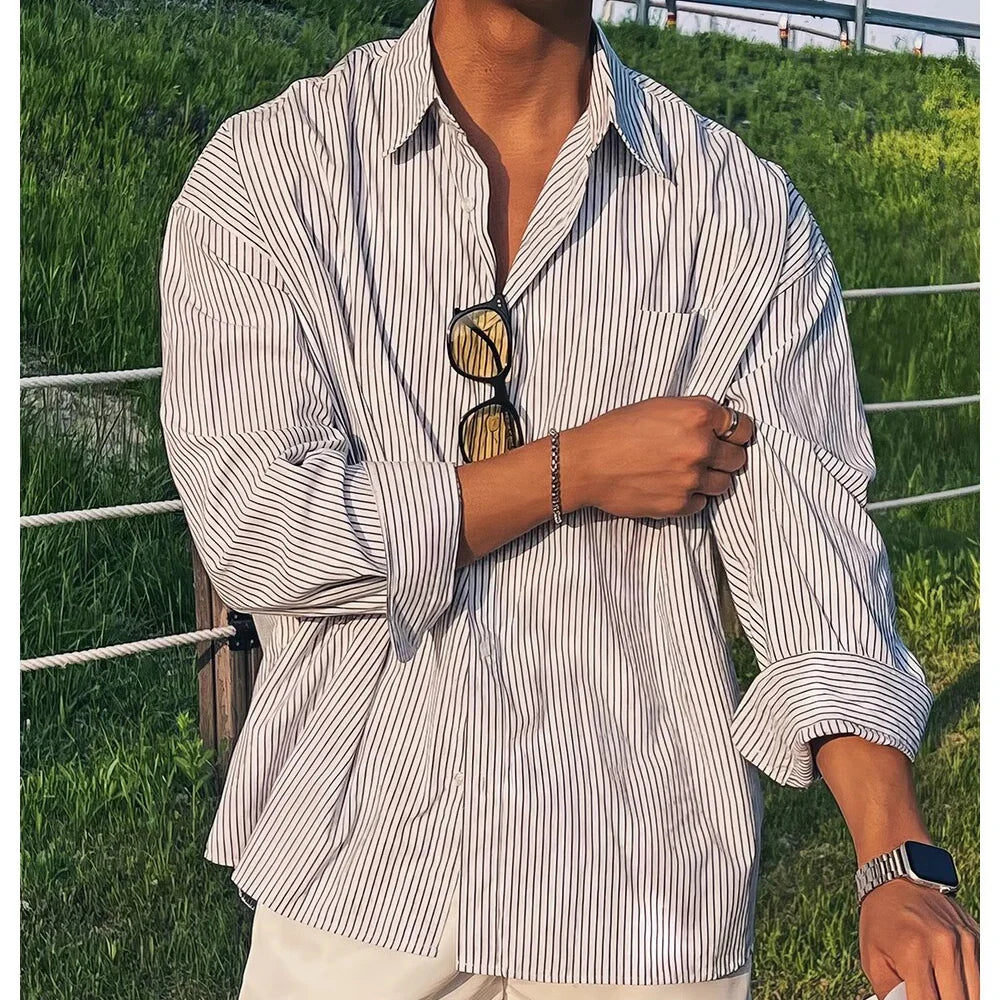 Blue Vertical Striped Long-Sleeved Shirt, Korean Style Casual Shirt Coat