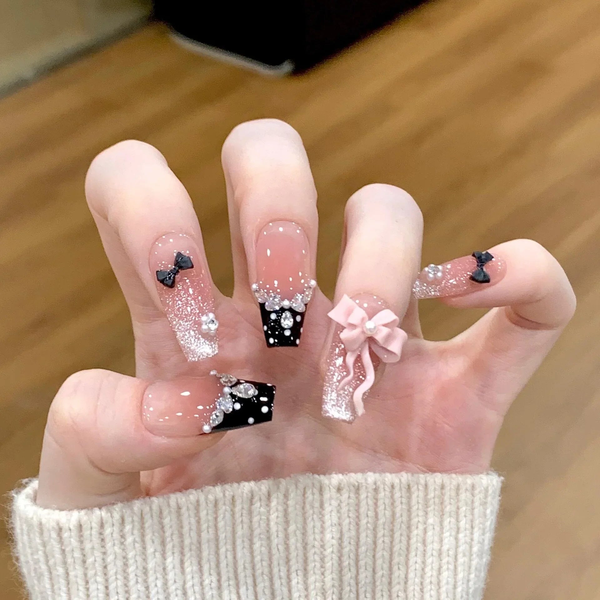 10pcs Aurora Cat Eye Handmade Press on Nails Pink Cherry Blossom False Nails Crystal Flower Pearl Fake Nails French Coffin Nail
