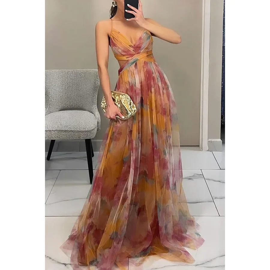 Hollow Out Party Dress, Loungewear Printing Maxi Dress, Sleeveless Lace-Up Ladies Dress Vestido