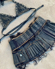 Retro Street Washed Denim Two-Piece Skirt Set Hip Hop Harajuku Goth Halves Neck Top Mini Pleated Skirt Trendy Set