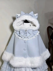 Lolita Shawl Overcoat Design Bow Hooded Patchwork Kawaii Cope Coat Warm Chic Sweet Fur Collar Coat