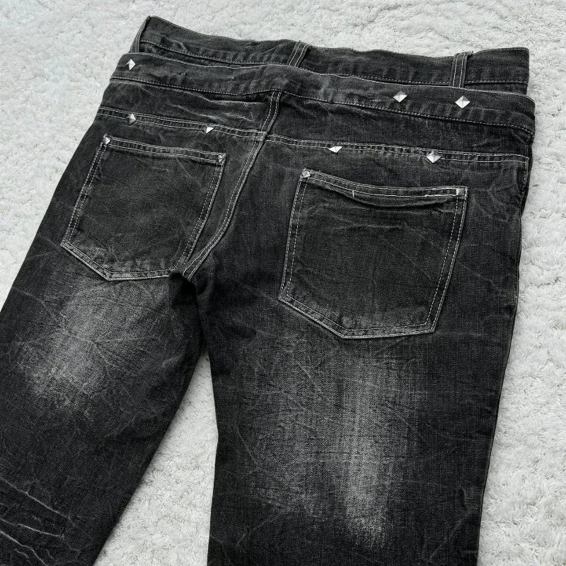 Y2K Retro jeans damaged washed holes Gothic style jeans trend double waisted Add nails long flared pants