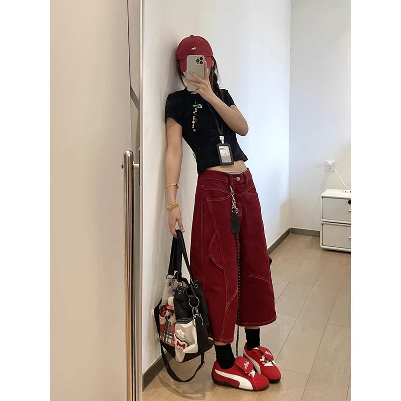 Red Gothic Cargo Jeans Vintage Korean 90s Y2k Denim Trousers Harajuku High Waist Cowboy Shorts 2000s Clothes