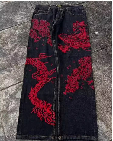 Unisex White Red Tribal Flame Print Loose Wide Leg Jeans Y2K Grunge Streetwear Oversized Denim Pants