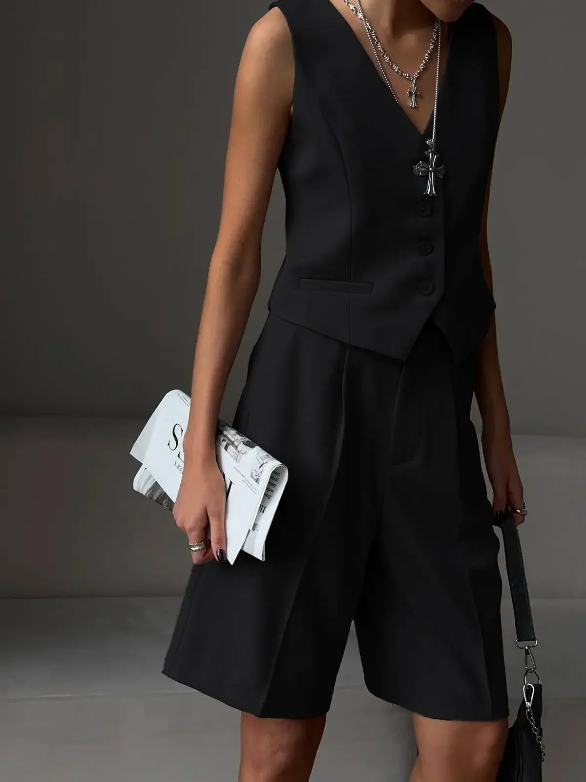 Wolfeel Womem Chic Vest Shorts Suit Two-Piece Set Office Ladies Chic 2 Piece Sets Outfits