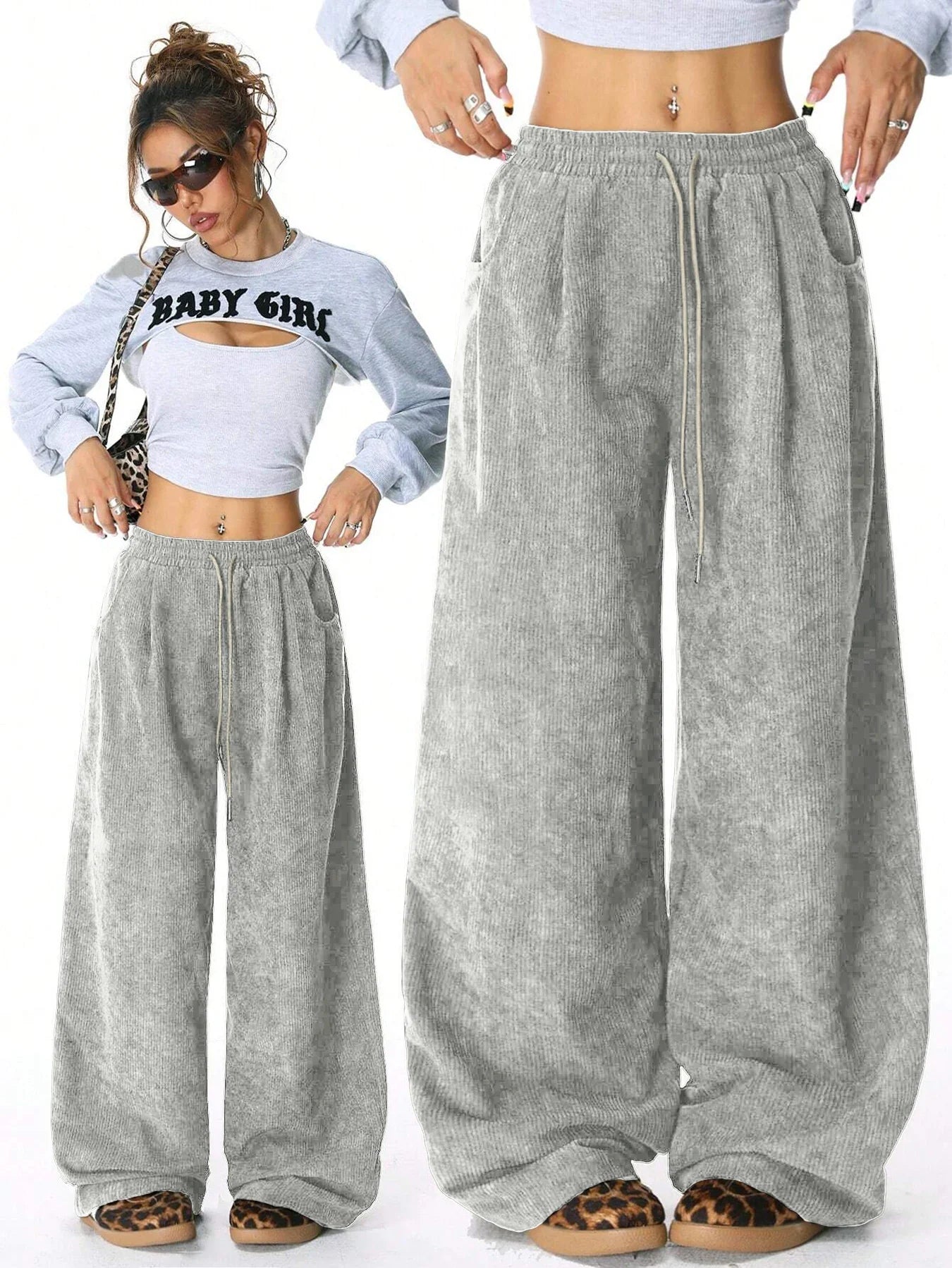 Retro Corduroy Cargo Pants Casual Drawstring Straight Sports Pants Drape Daily Commuting Wide Leg Pants