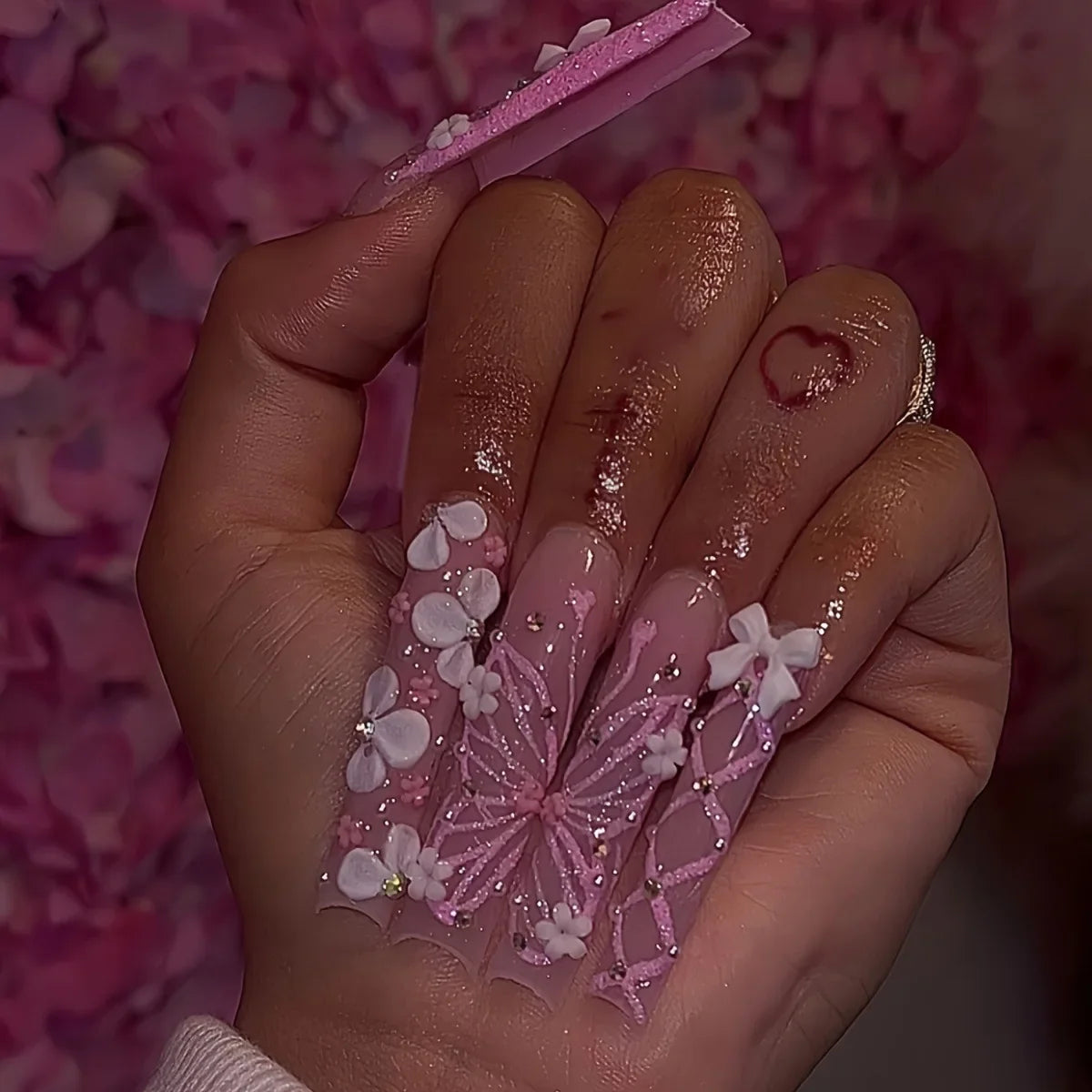 24pcs Rhinestones Full Cover Nail Art Datachable Glitter French Press on Nails Tip Flower Long Square Fake Nail Pink False Nails
