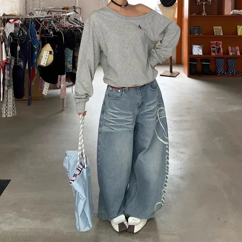 Blue Y2k Baggy Boyfriend Jeans Harajuku Vintage Wide Leg Denim Trousers Japanese Jeans Oversize Clothes