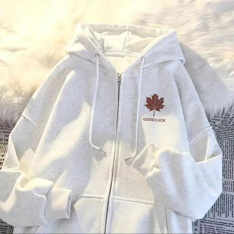 Style Maple Leaf Print Unisex Oversized Versatile Zipper Casual Outerwear Polyester Comfortable Leisure Coat