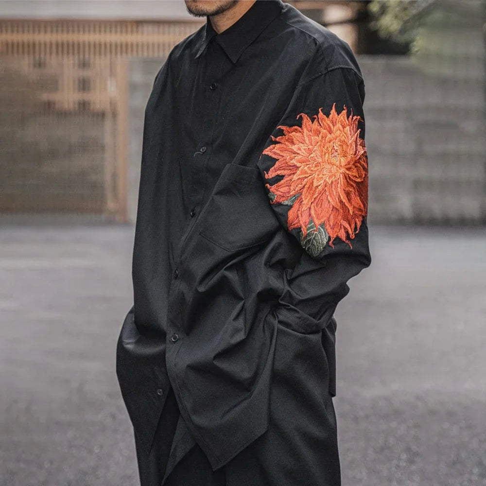 Yamamoto Style Red Flower Shirt Japanese Elongated Dark Embroidered Floral Top Unisex Loose Fitting Long Sleeved Shirts